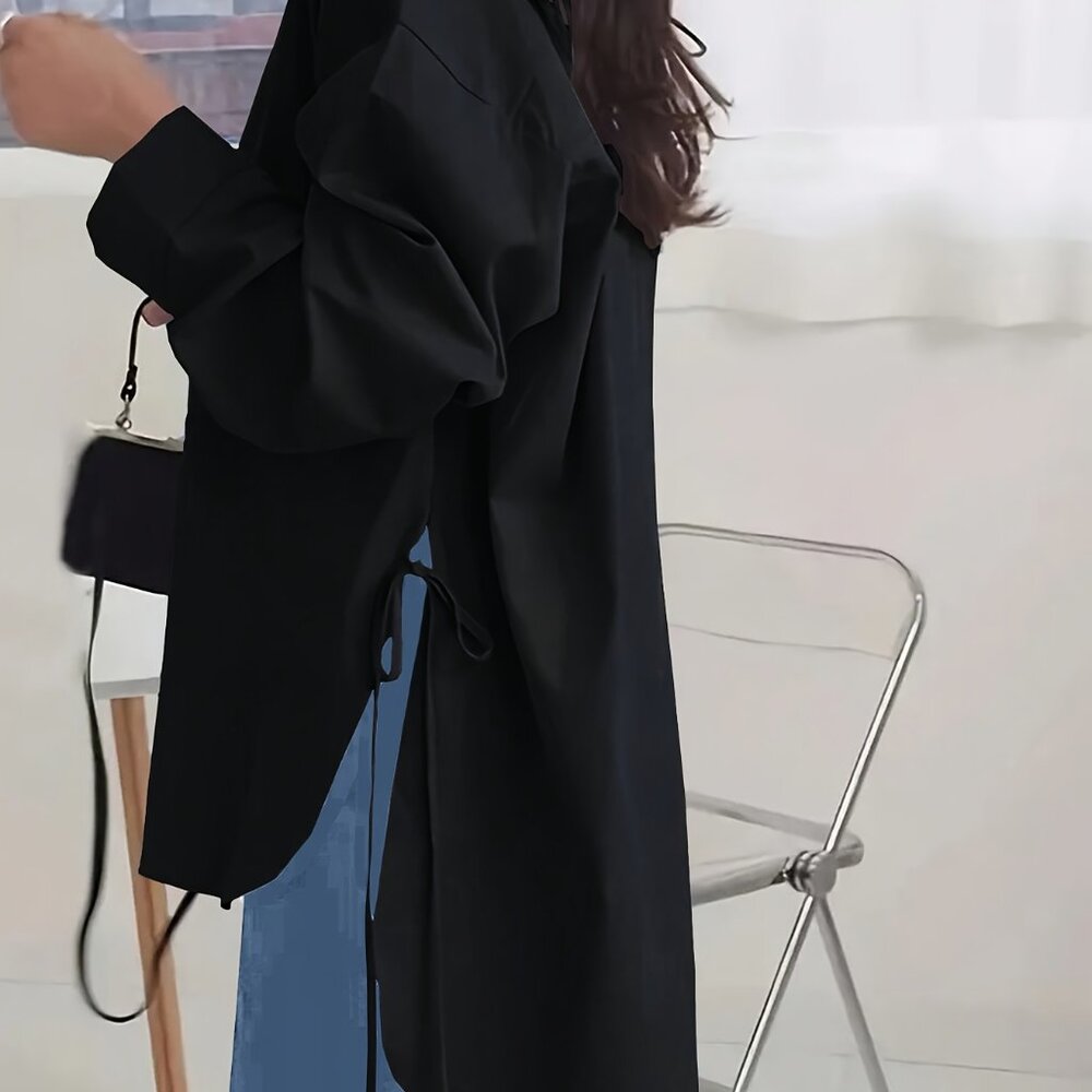 Black Chic Single Breasted Side Tie Loose Blouse - Picture 2 of 4
